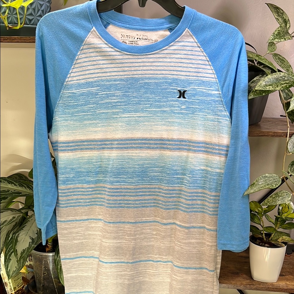 Hurley Sky Blue and White Striped Raglan Tee